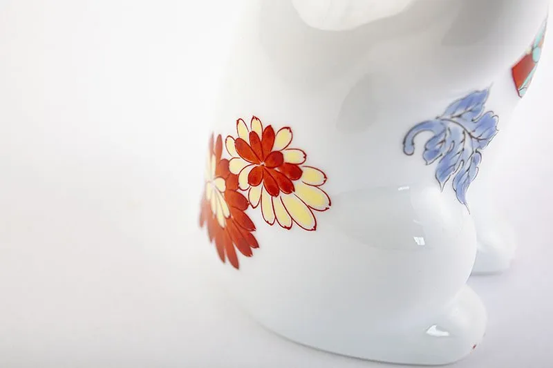 Arita Yaki(ware) Japanese Lucky Cat Figure - Chrysanthemum