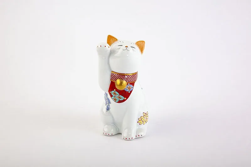 Arita Yaki(ware) Japanese Lucky Cat Figure - Chrysanthemum