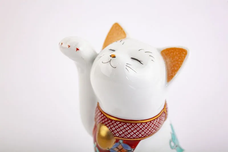 Arita Yaki(ware) Japanese Lucky Cat Figure - Chrysanthemum