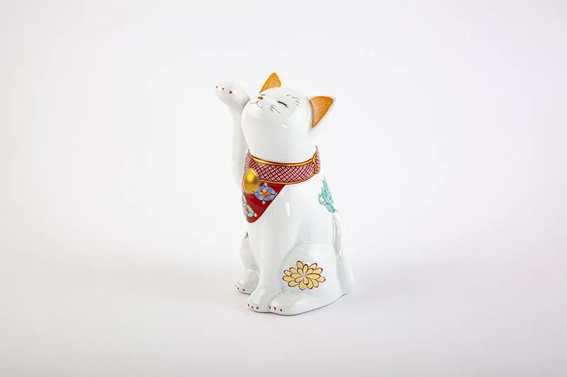 Arita Yaki(ware) Japanese Lucky Cat Figure - Chrysanthemum