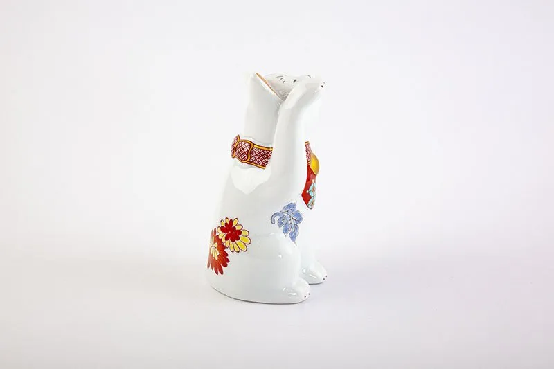Arita Yaki(ware) Japanese Lucky Cat Figure - Chrysanthemum