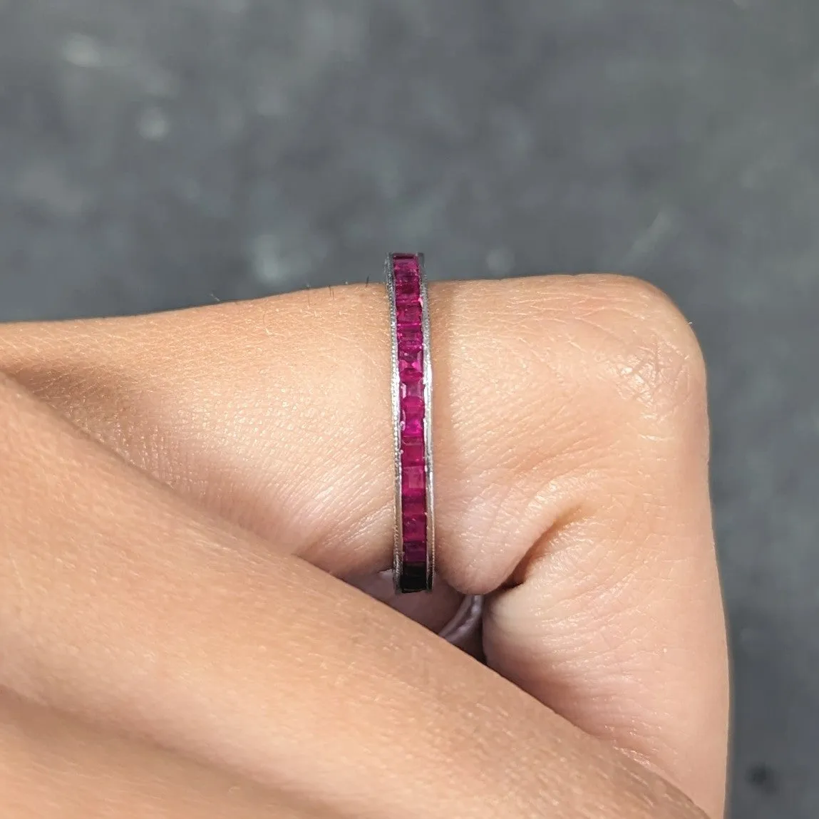 Art Deco 1.85 CTW Square Cut Ruby Platinum Scrolling Eternity Vintage Channel Band Ring