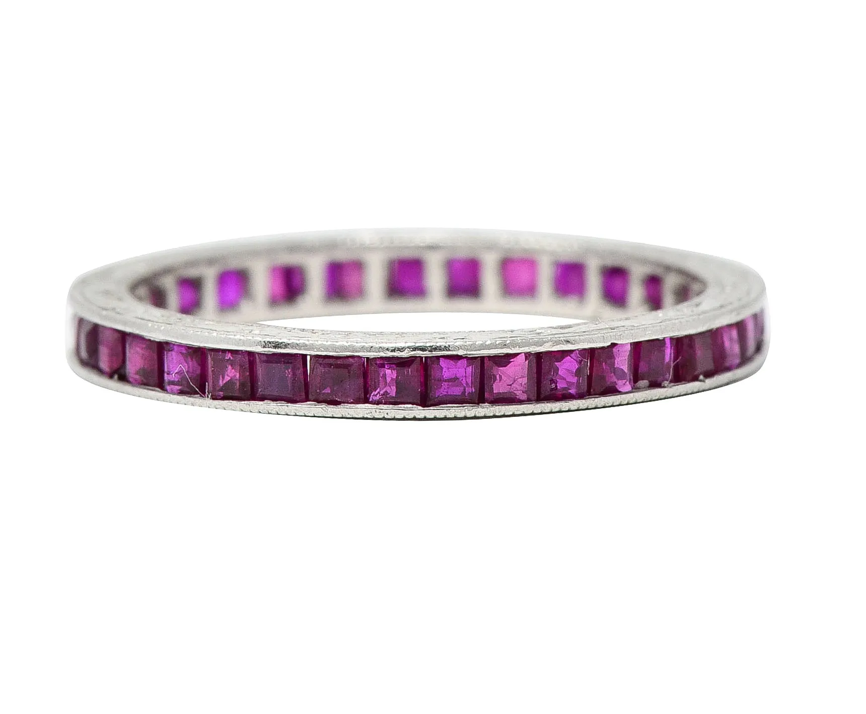 Art Deco 1.85 CTW Square Cut Ruby Platinum Scrolling Eternity Vintage Channel Band Ring