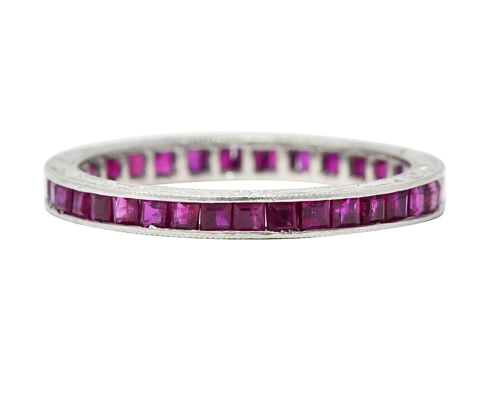Art Deco 1.85 CTW Square Cut Ruby Platinum Scrolling Eternity Vintage Channel Band Ring