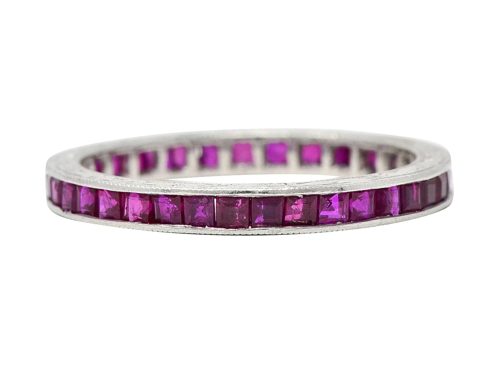 Art Deco 1.85 CTW Square Cut Ruby Platinum Scrolling Eternity Vintage Channel Band Ring