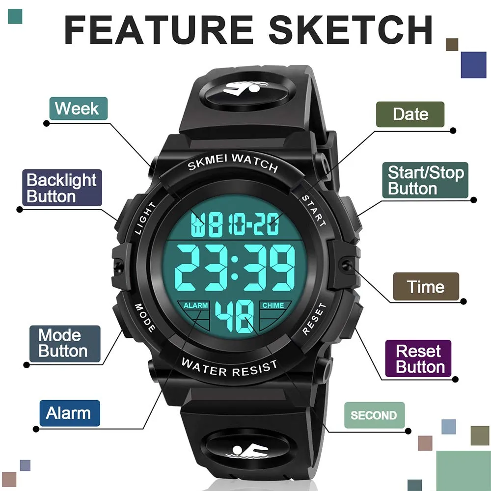 ATIMO LED 50M Waterproof Sports Digital Watch for Kids - Kids Gifts Black