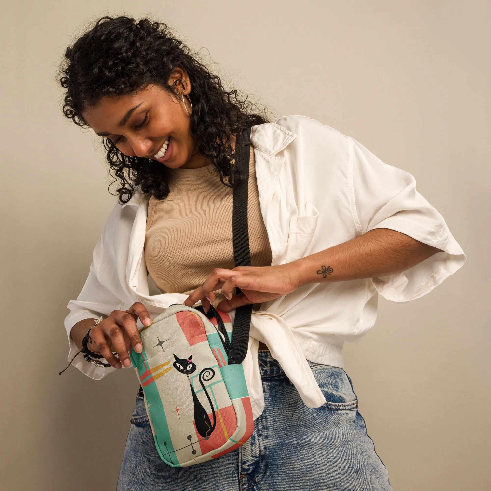 Atomic Cat Mid Century Everyday Purse, Retro 50s MCM Crossbody Sling Bag, Funky Vintage Shoulder Bag