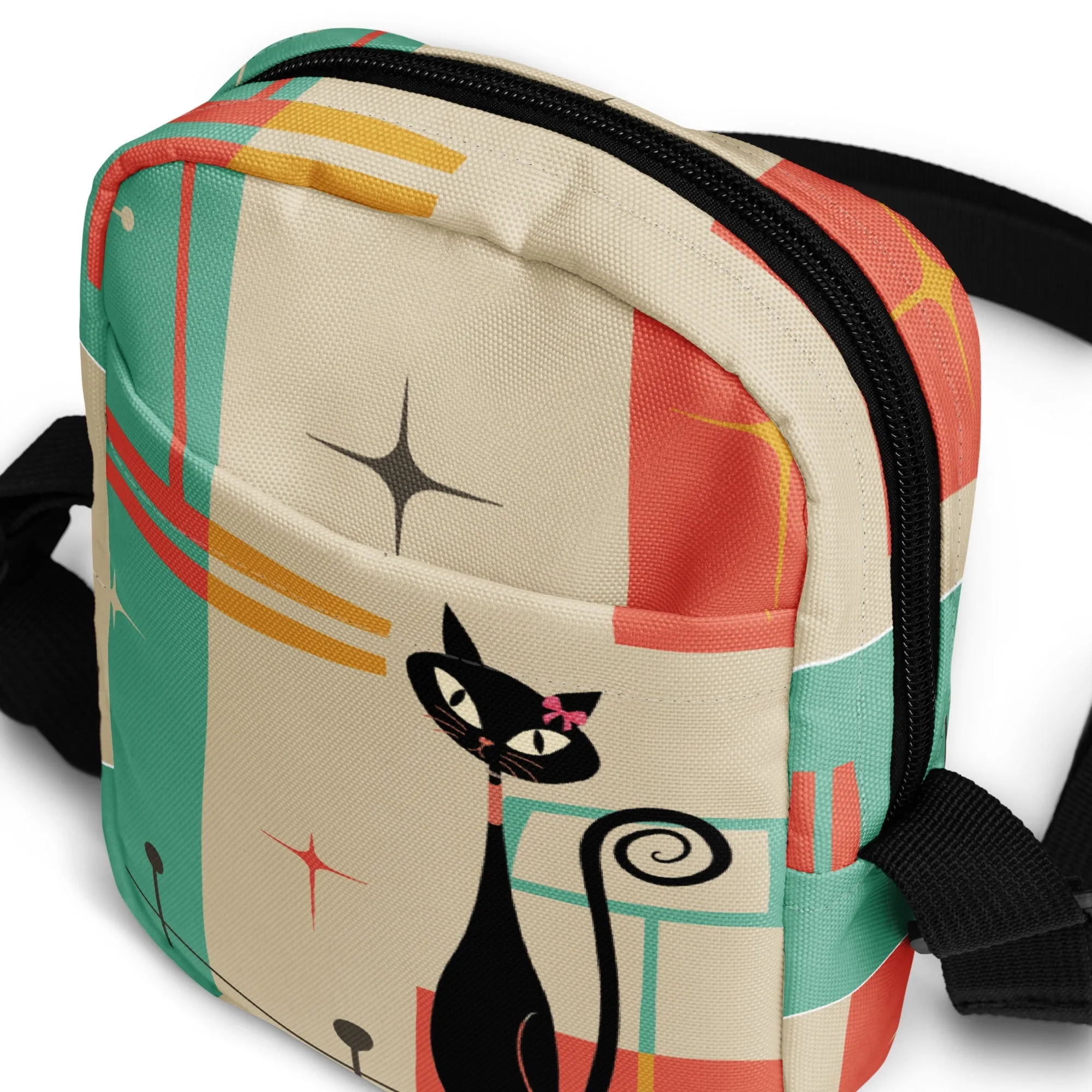 Atomic Cat Mid Century Everyday Purse, Retro 50s MCM Crossbody Sling Bag, Funky Vintage Shoulder Bag