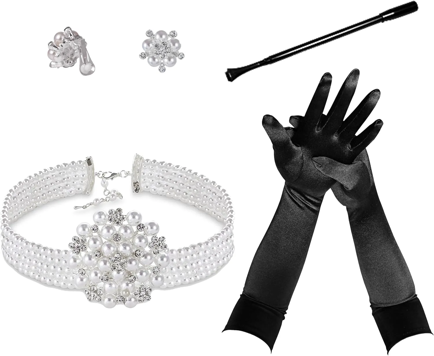 Audrey Hepburn Style Inspired Breakfast at 4 piece Costume Jewelry accessories Set Vintage Necklace, Earrings, Long Black Cigarett Holder, Black Opera Gloves Earring Stud