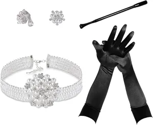Audrey Hepburn Style Inspired Breakfast at 4 piece Costume Jewelry accessories Set Vintage Necklace, Earrings, Long Black Cigarett Holder, Black Opera Gloves Earring Stud