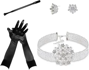 Audrey Hepburn Style Inspired Breakfast at 4 piece Costume Jewelry accessories Set Vintage Necklace, Earrings, Long Black Cigarett Holder, Black Opera Gloves Earring Stud