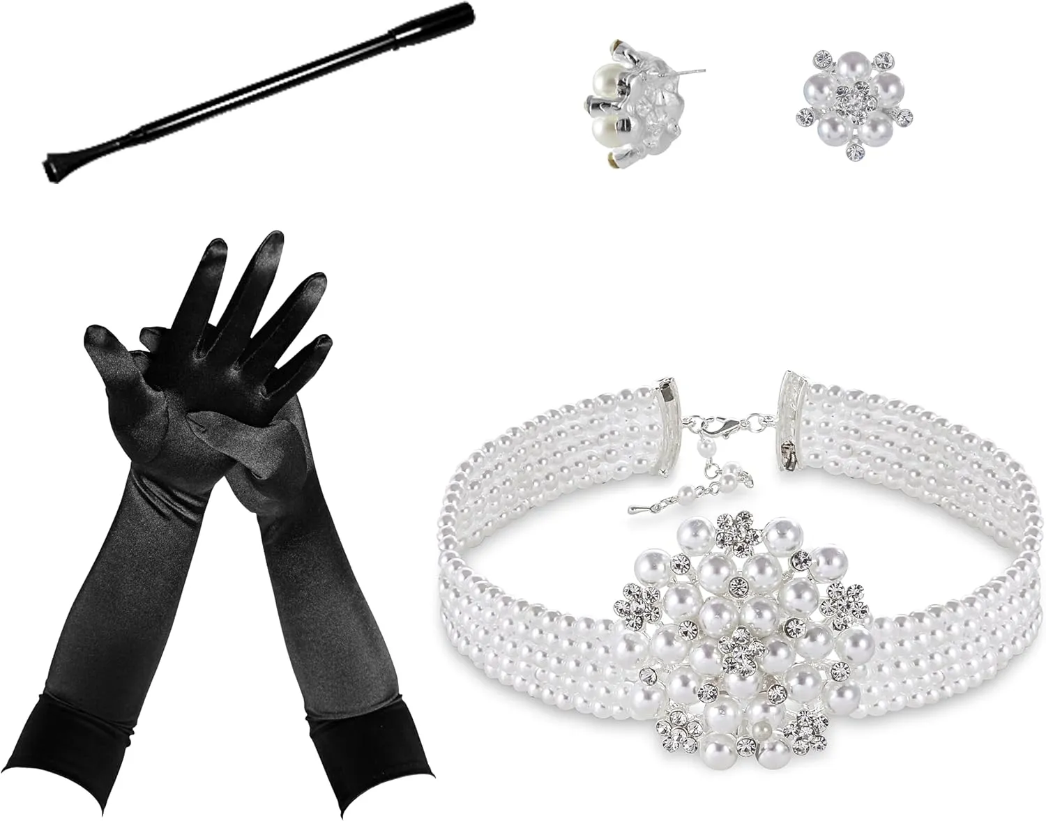 Audrey Hepburn Style Inspired Breakfast at 4 piece Costume Jewelry accessories Set Vintage Necklace, Earrings, Long Black Cigarett Holder, Black Opera Gloves Earring Stud