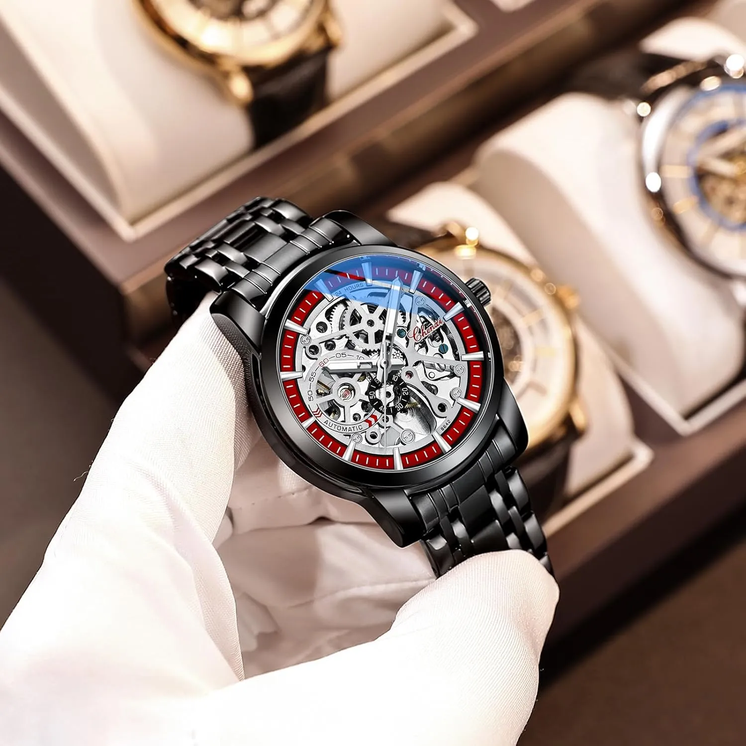Automatic Skeleton Watches for Men Mechanical Wrist Watches Business Stainless Steel Waterproof Watches