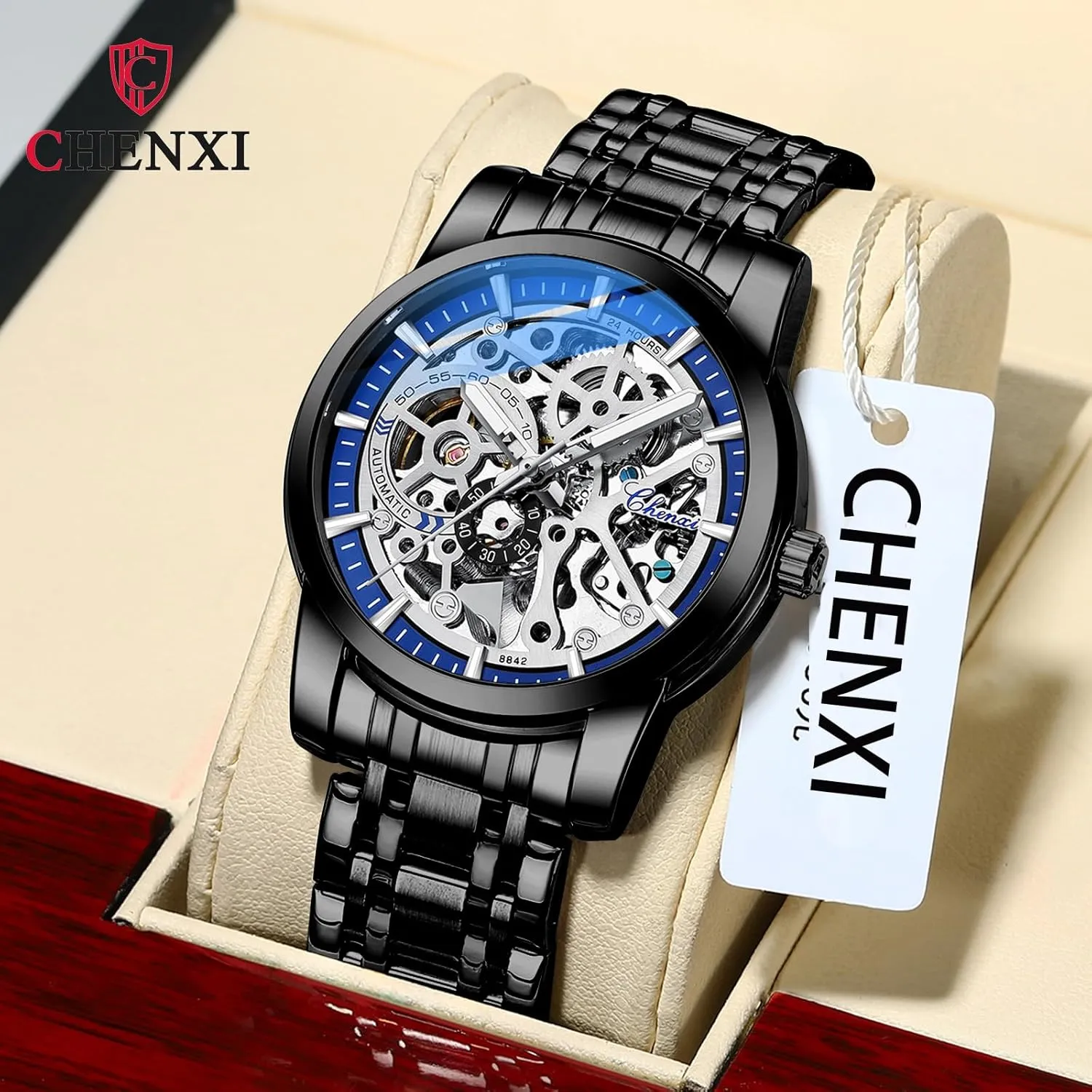 Automatic Skeleton Watches for Men Mechanical Wrist Watches Business Stainless Steel Waterproof Watches