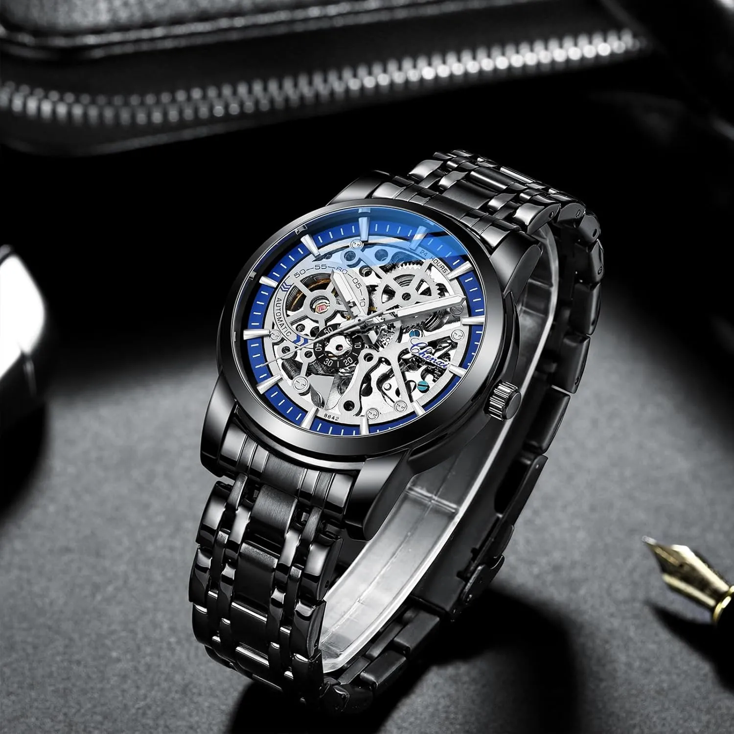 Automatic Skeleton Watches for Men Mechanical Wrist Watches Business Stainless Steel Waterproof Watches