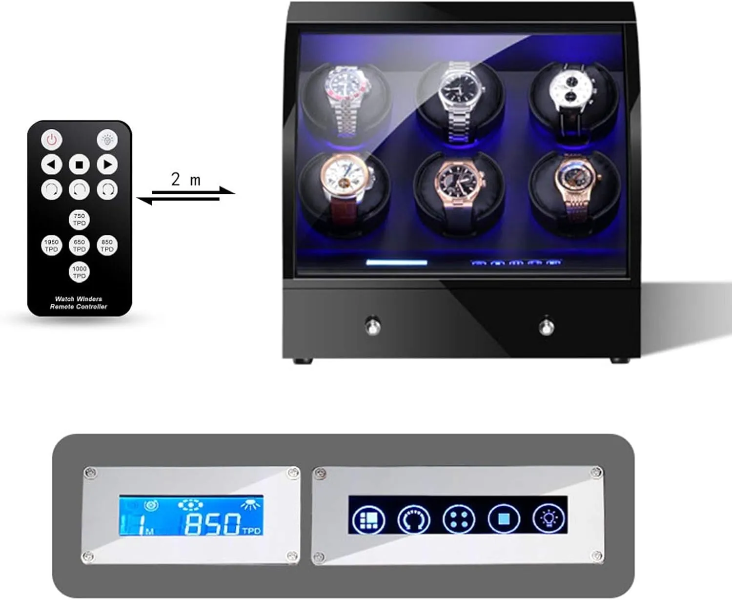 Automatic Watch Winder Box Wooden Storage Case with Remote Control LCD Touch Screen Soft Leather Watch Pillows