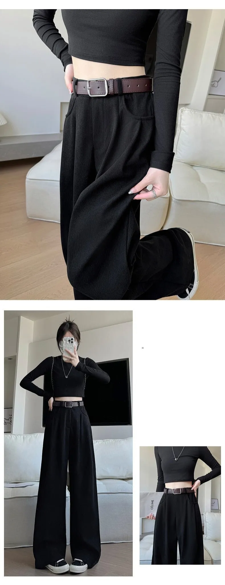 Autumn wide-leg pants for women, slim straight pants, casual high-waist corduroy suit pants