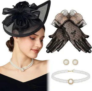 BABEYOND Fascinators Hat for Women - 4Pcs Tea Party Headwear and Gloves Kentucky Church Hat Jewelry Set for Cocktail Wedding