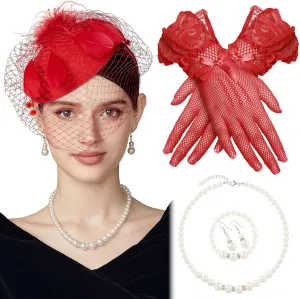 BABEYOND Fascinators Hat for Women - 5Pcs Tea Party Headwear and Gloves Kentucky Wedding Pillbox Fascinator with Jewelry Set