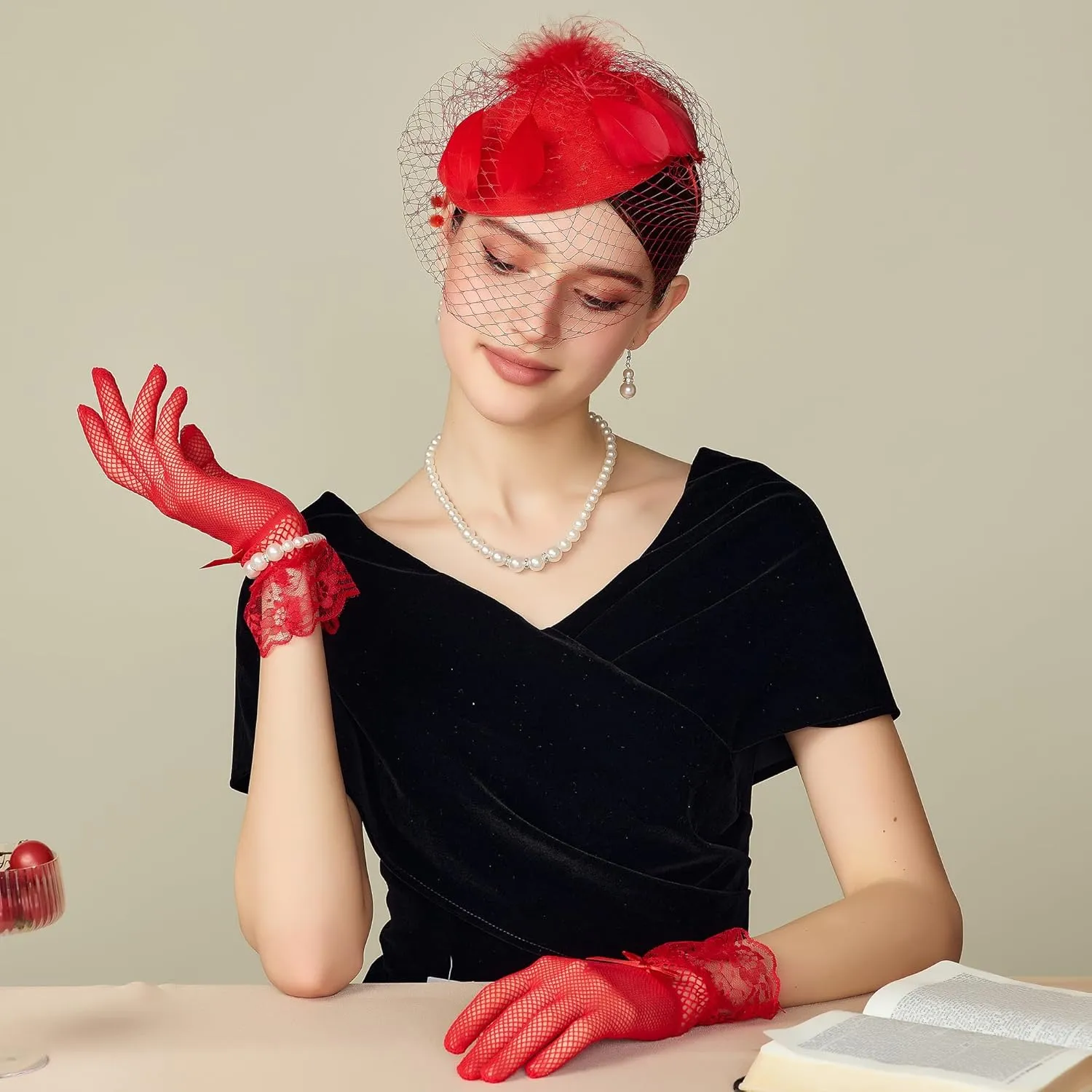 BABEYOND Fascinators Hat for Women - 5Pcs Tea Party Headwear and Gloves Kentucky Wedding Pillbox Fascinator with Jewelry Set