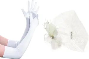 BABEYOND Long Opera Party 1920s Satin Tea Party Gloves Costume Stretchy Adult Size Elbow Length Veil Fascinator Hat for Women Feather Fascinators Hair Clip with Removable Veil Tea Party Hat