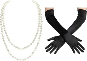 BABEYOND Long Pearl Necklace Faux Pearls Necklace Set Beaded Long Pearls Necklace 1920s Gatsby Costume Jewelry with Satin Tea Party Gloves