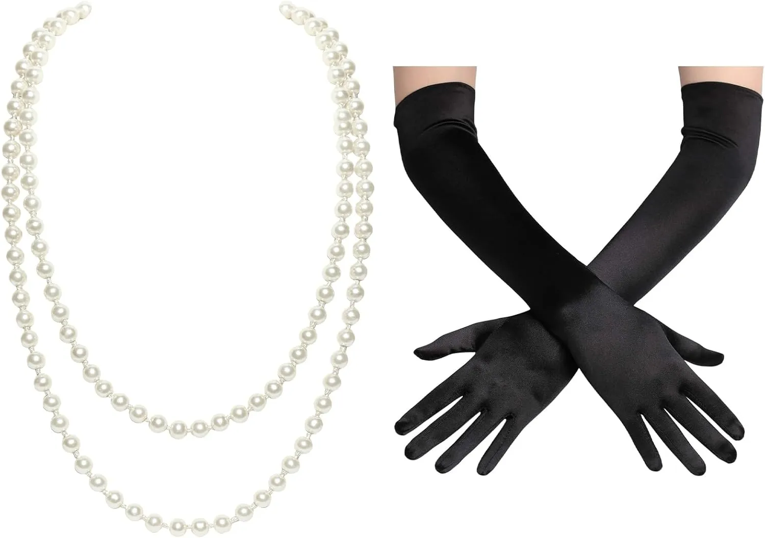 BABEYOND Long Pearl Necklace Faux Pearls Necklace Set Beaded Long Pearls Necklace 1920s Gatsby Costume Jewelry with Satin Tea Party Gloves