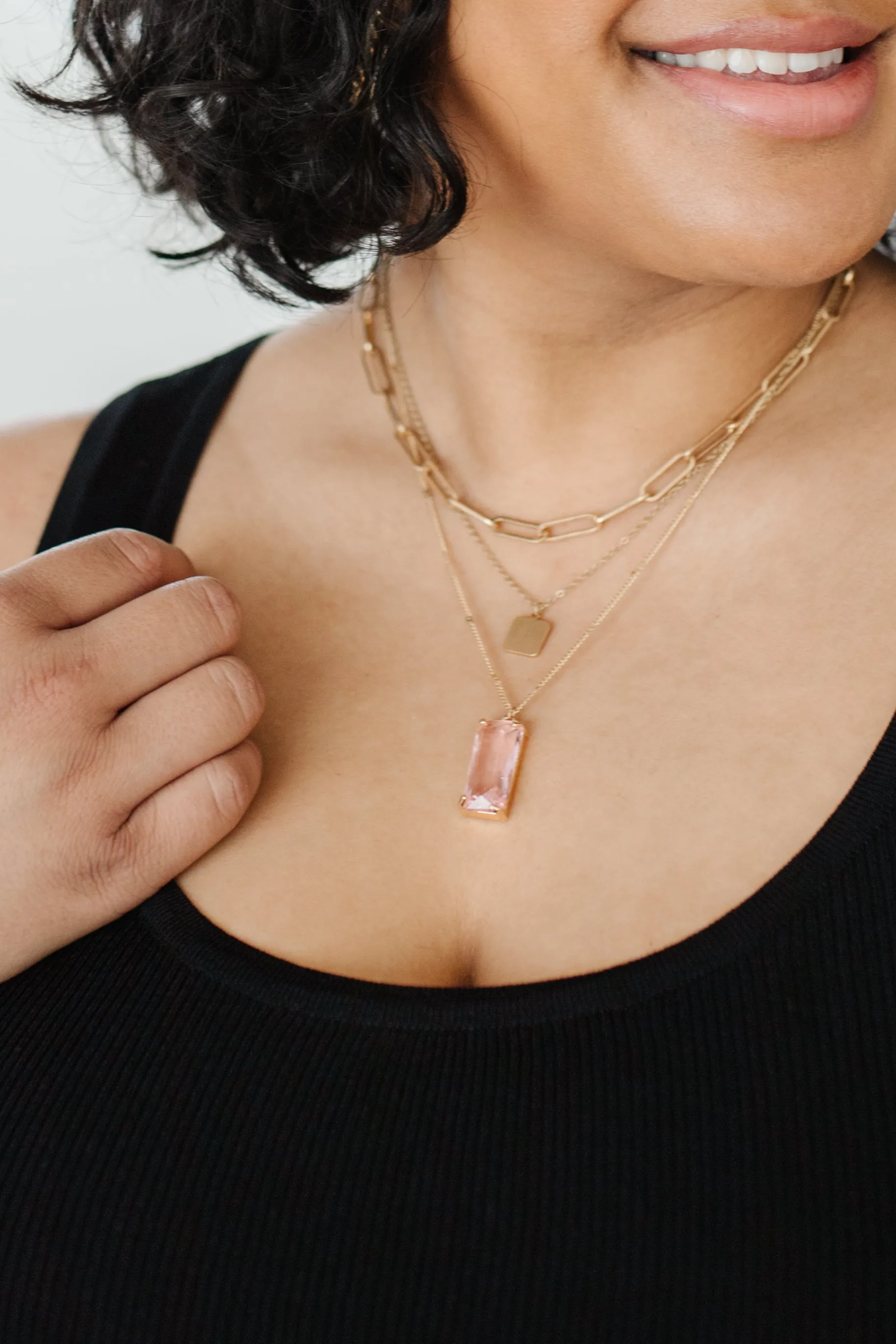 Baguette Bar Pendant Layered Necklace In Pink