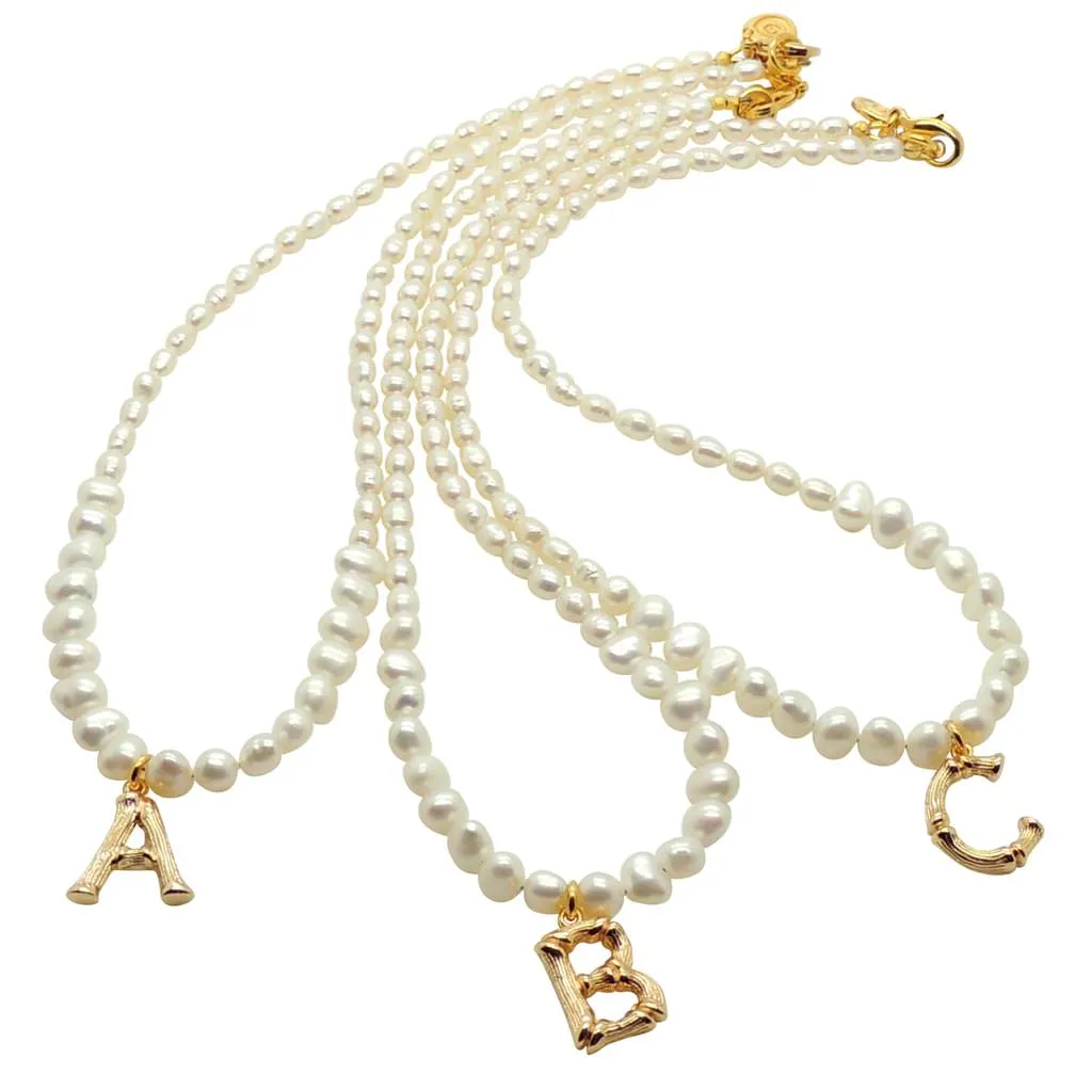 Bamboo Alphabet Initial Charm Freshwater Pearl Necklace