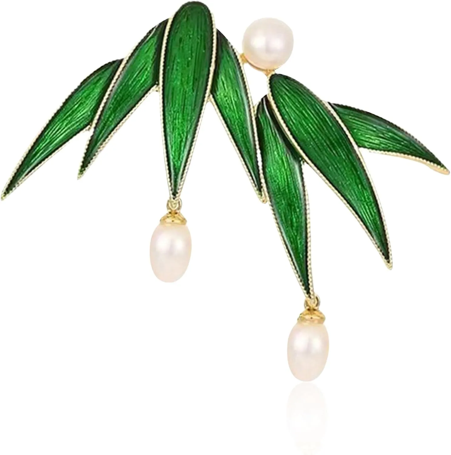 Bamboo Leaf Pearl Brooch for Women Enamel Leaves Lapel Brooch Pin Dress Accessories Wedding Party Birthday Graduation Jewelry for Mother Wife