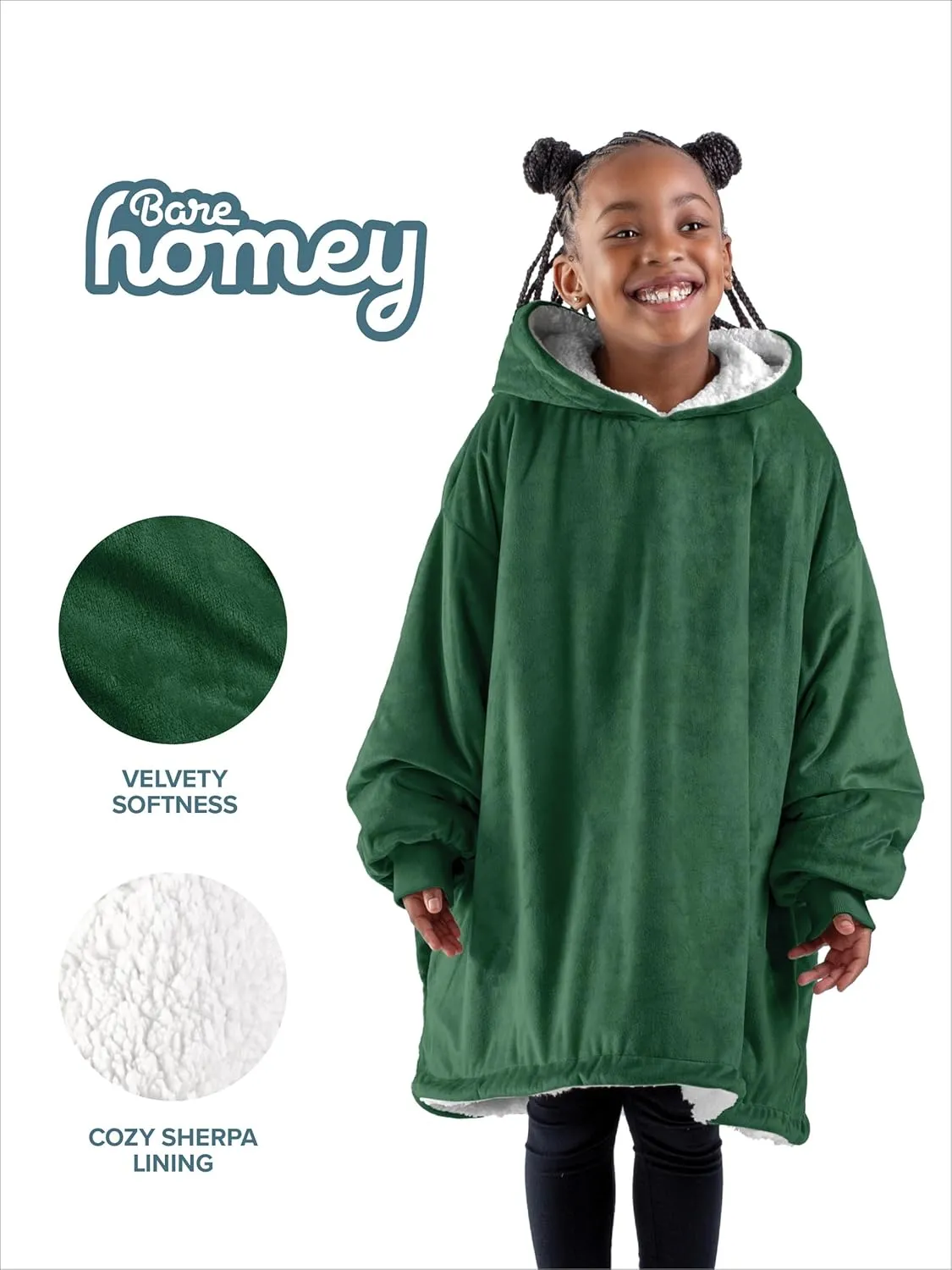 Bare Home Wearable Blanket B-Cozy Hoodie - Soft Plush Sherpa - Warm and Cozy - Oversized Wearable Blanket - Adult & Kid Sizes