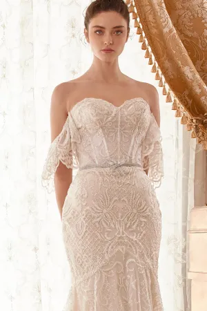 BAROQUE MOTIF GLITTER PRINTED OFF THE SHOULDER MERMAID BRIDAL GOWN CDA1104W
