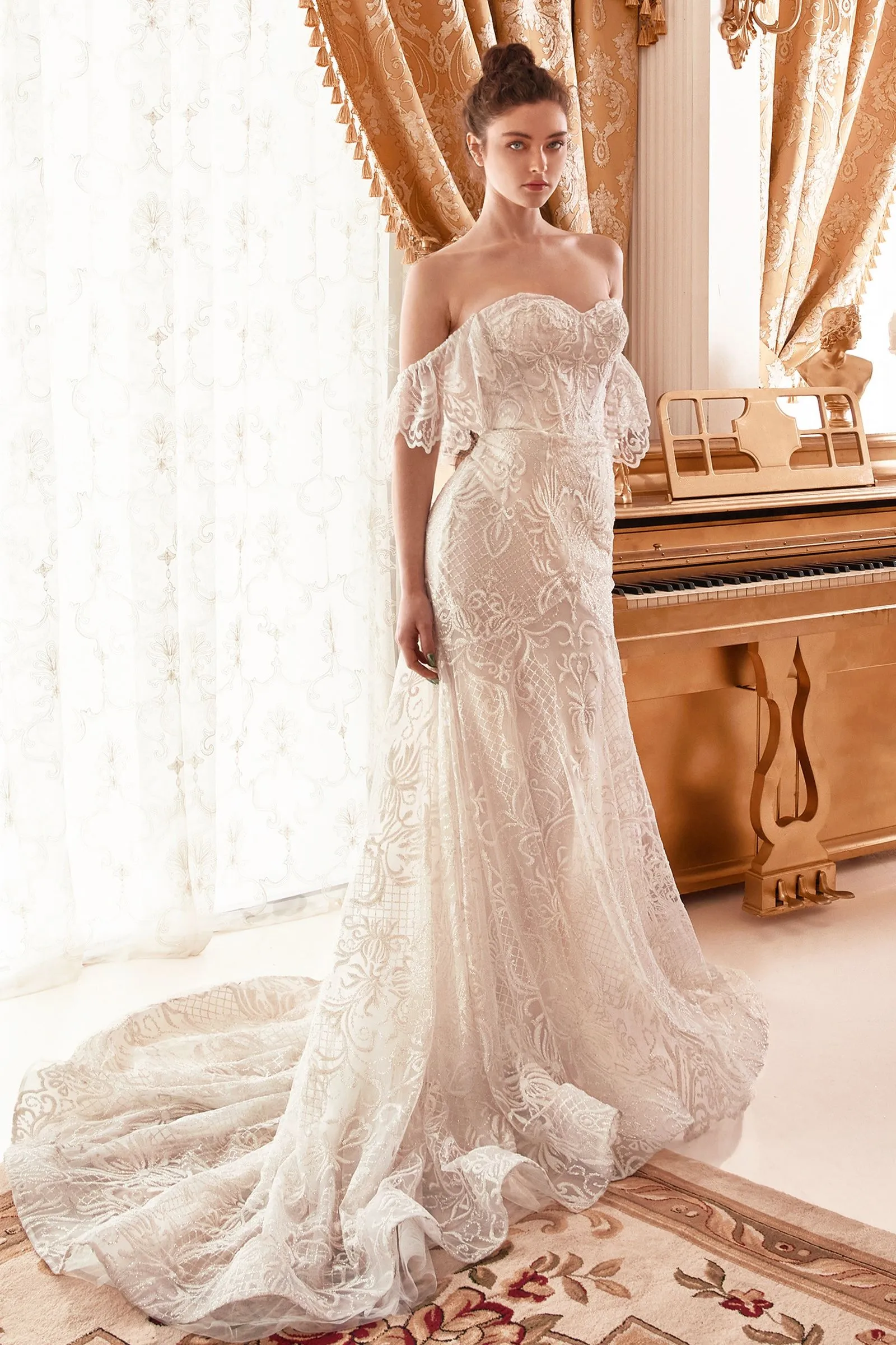 BAROQUE MOTIF GLITTER PRINTED OFF THE SHOULDER MERMAID BRIDAL GOWN CDA1104W