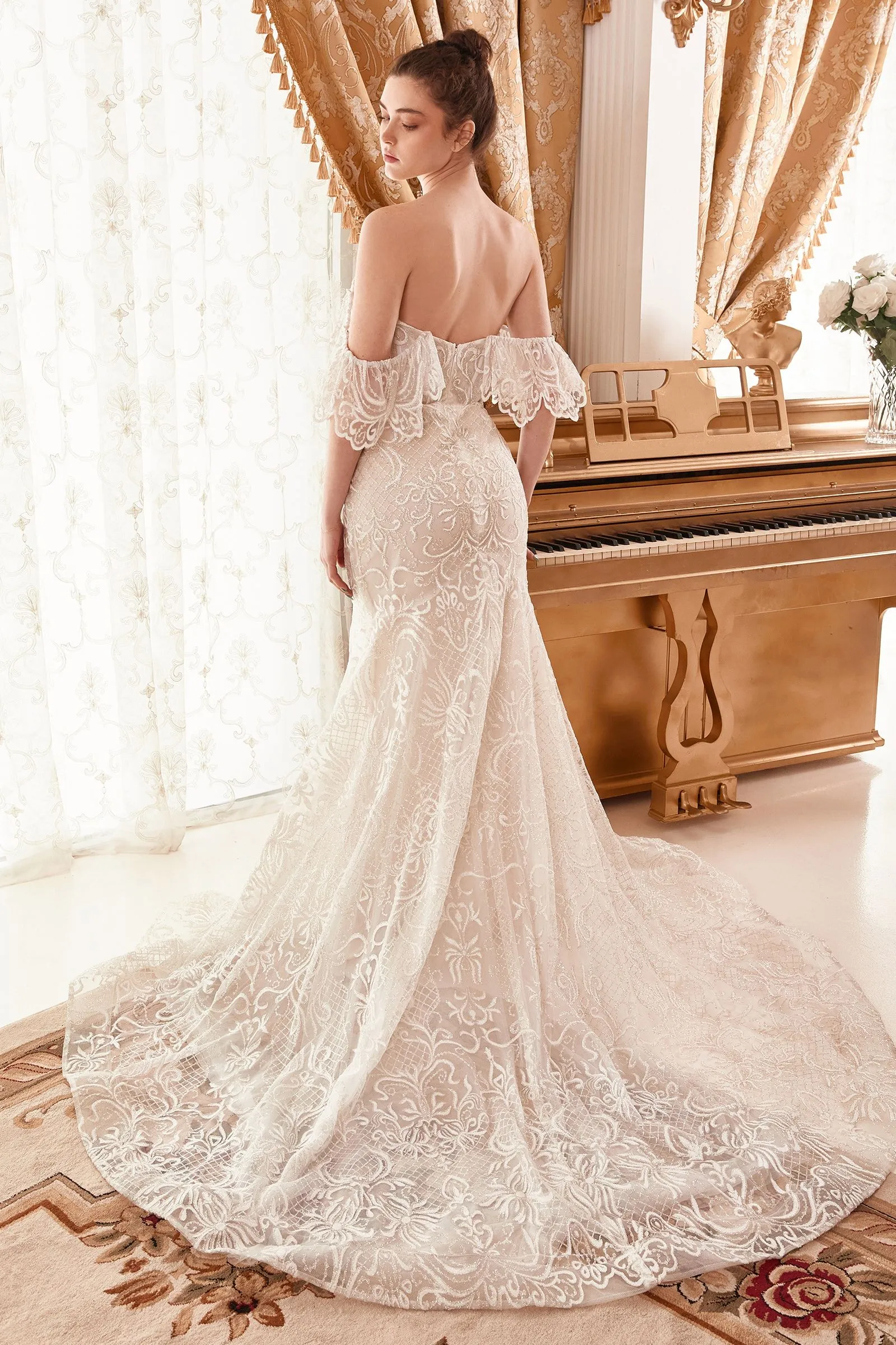 BAROQUE MOTIF GLITTER PRINTED OFF THE SHOULDER MERMAID BRIDAL GOWN CDA1104W