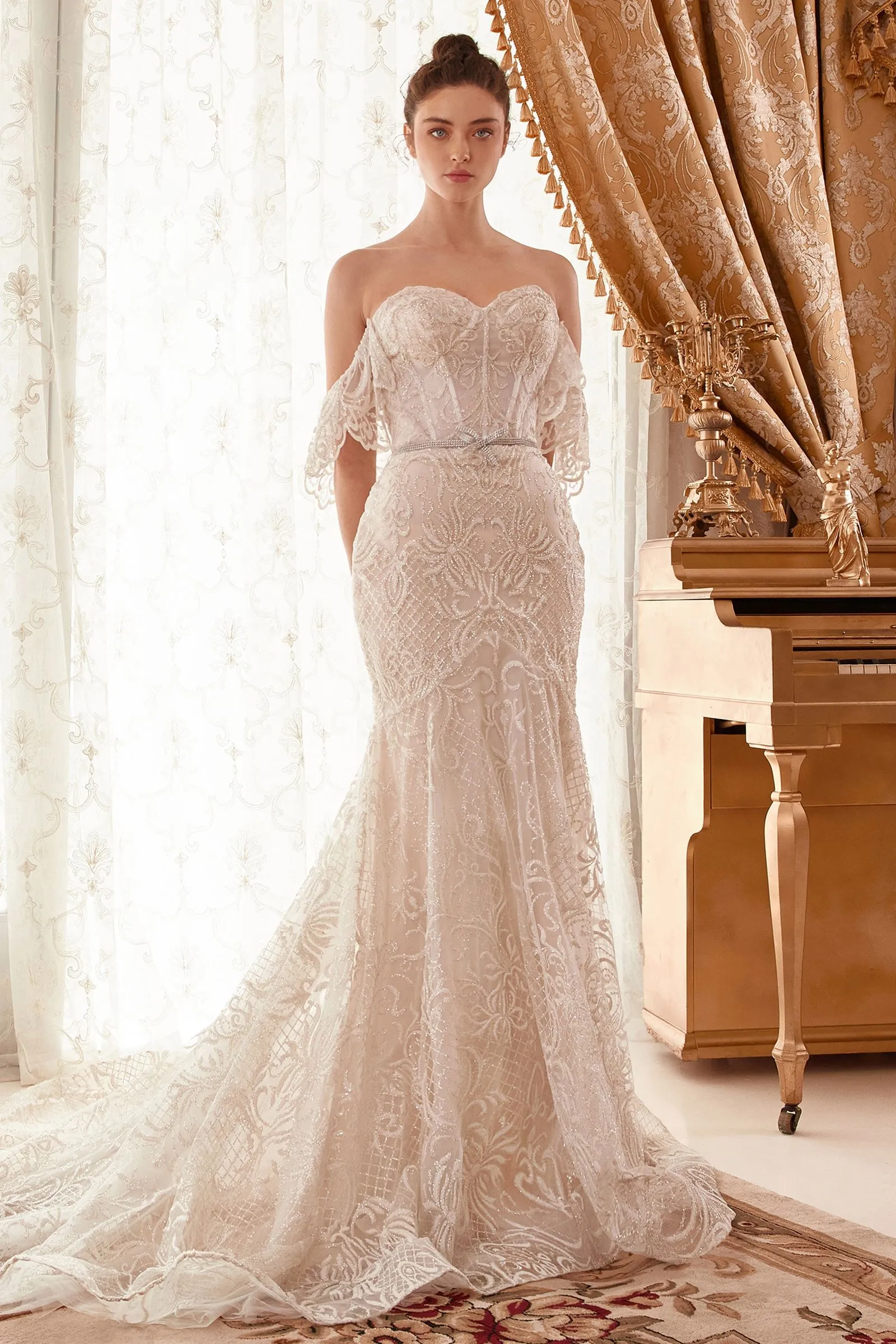 BAROQUE MOTIF GLITTER PRINTED OFF THE SHOULDER MERMAID BRIDAL GOWN CDA1104W