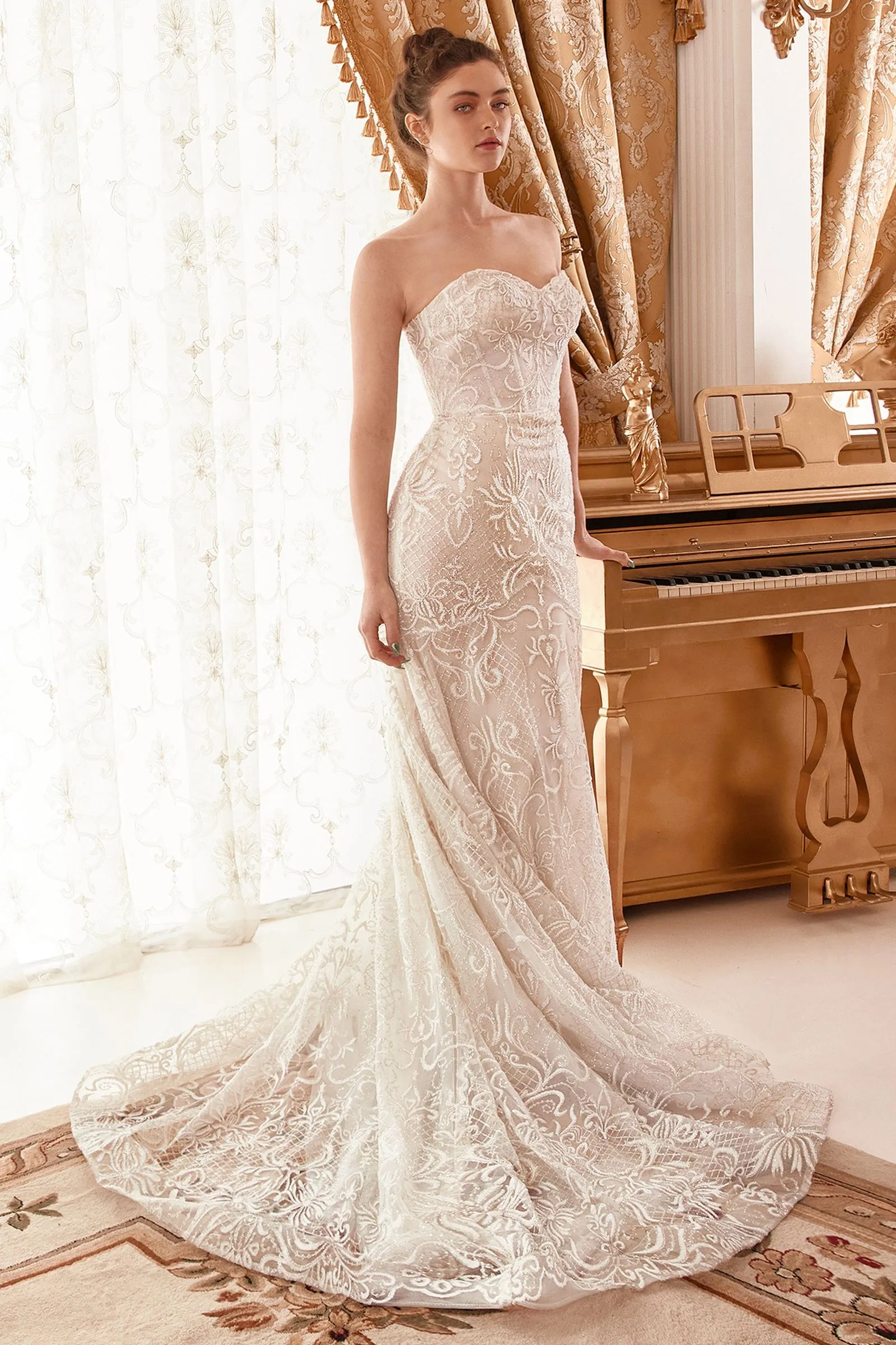BAROQUE MOTIF GLITTER PRINTED OFF THE SHOULDER MERMAID BRIDAL GOWN CDA1104W