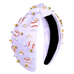 Baseball Headband for Women Baseball Accessories Beaded Crystal Pearl Knotted Headbands Baseball Charm Embellished Headband Wide Top Knot Sports Game Day Headband Gifts (A-White)