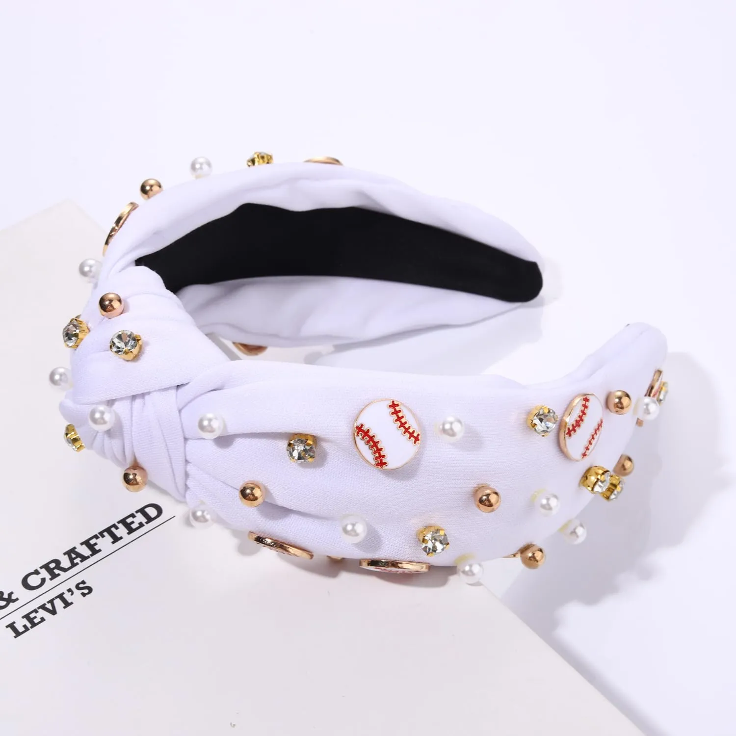 Baseball Headband for Women Baseball Accessories Beaded Crystal Pearl Knotted Headbands Baseball Charm Embellished Headband Wide Top Knot Sports Game Day Headband Gifts (A-White)