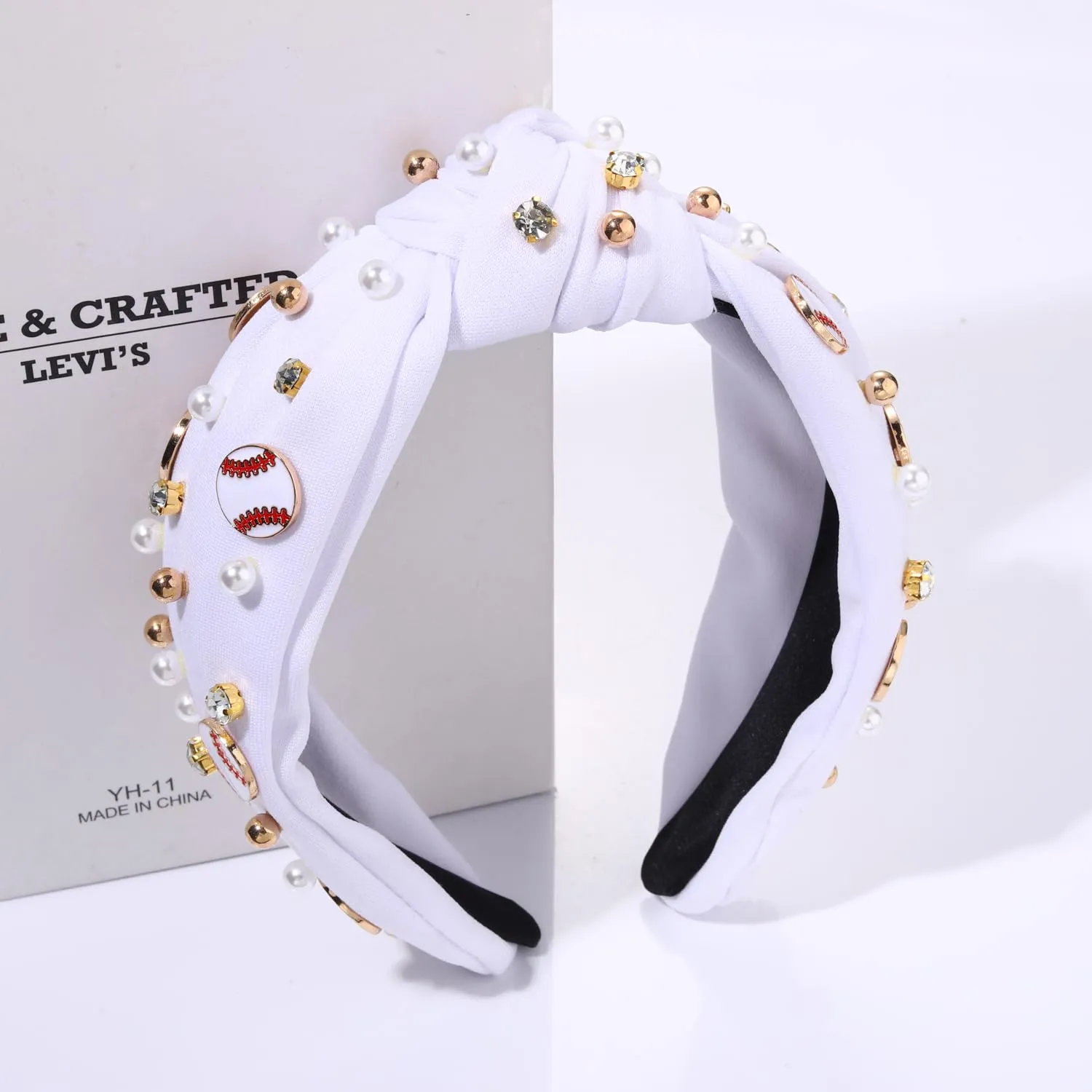 Baseball Headband for Women Baseball Accessories Beaded Crystal Pearl Knotted Headbands Baseball Charm Embellished Headband Wide Top Knot Sports Game Day Headband Gifts (A-White)