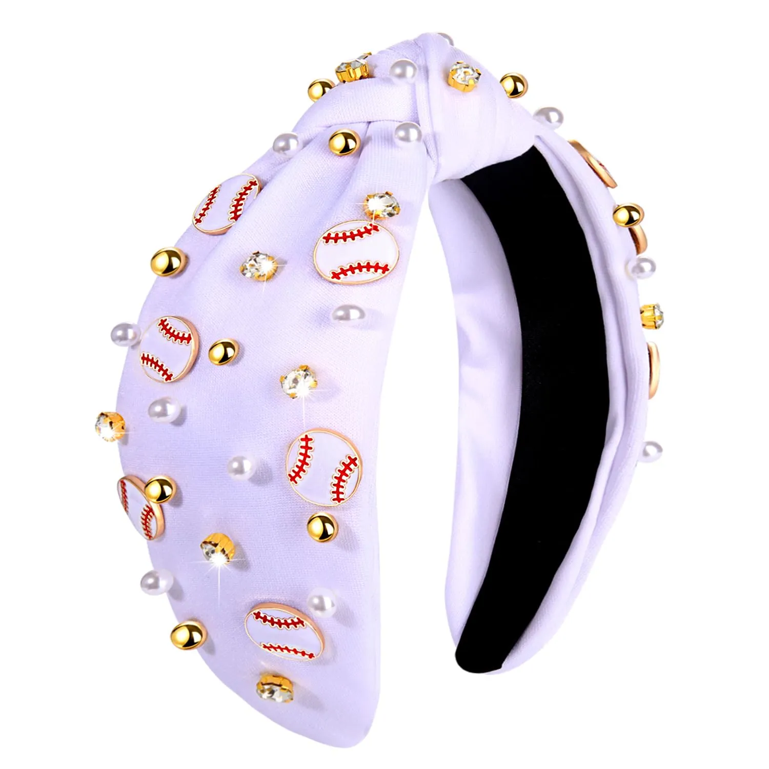 Baseball Headband for Women Baseball Accessories Beaded Crystal Pearl Knotted Headbands Baseball Charm Embellished Headband Wide Top Knot Sports Game Day Headband Gifts (A-White)