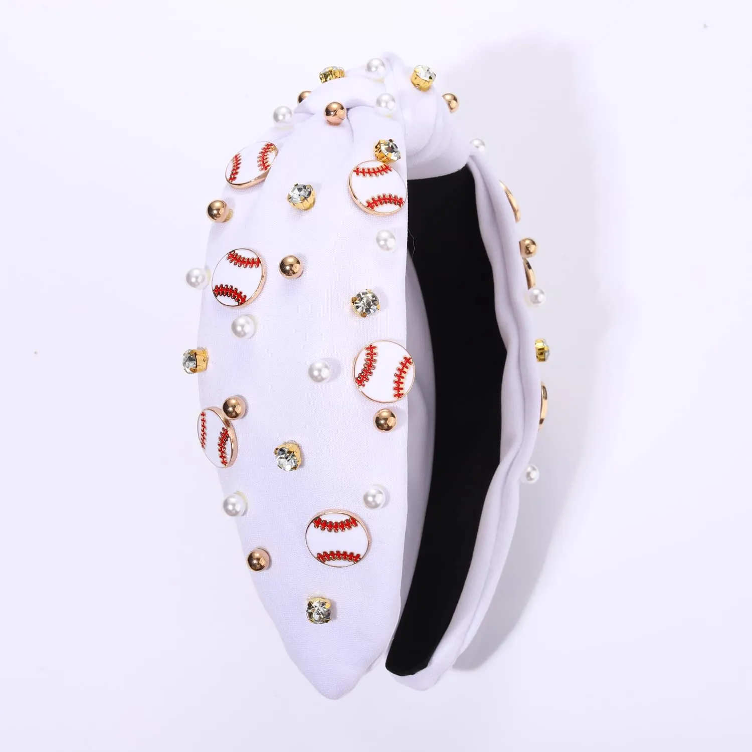 Baseball Headband for Women Baseball Accessories Beaded Crystal Pearl Knotted Headbands Baseball Charm Embellished Headband Wide Top Knot Sports Game Day Headband Gifts (A-White)