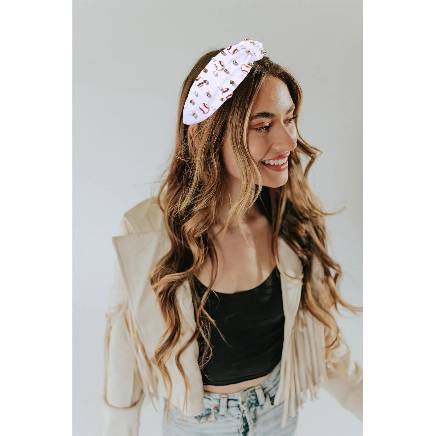 Baseball Headband for Women Baseball Accessories Beaded Crystal Pearl Knotted Headbands Baseball Charm Embellished Headband Wide Top Knot Sports Game Day Headband Gifts (A-White)
