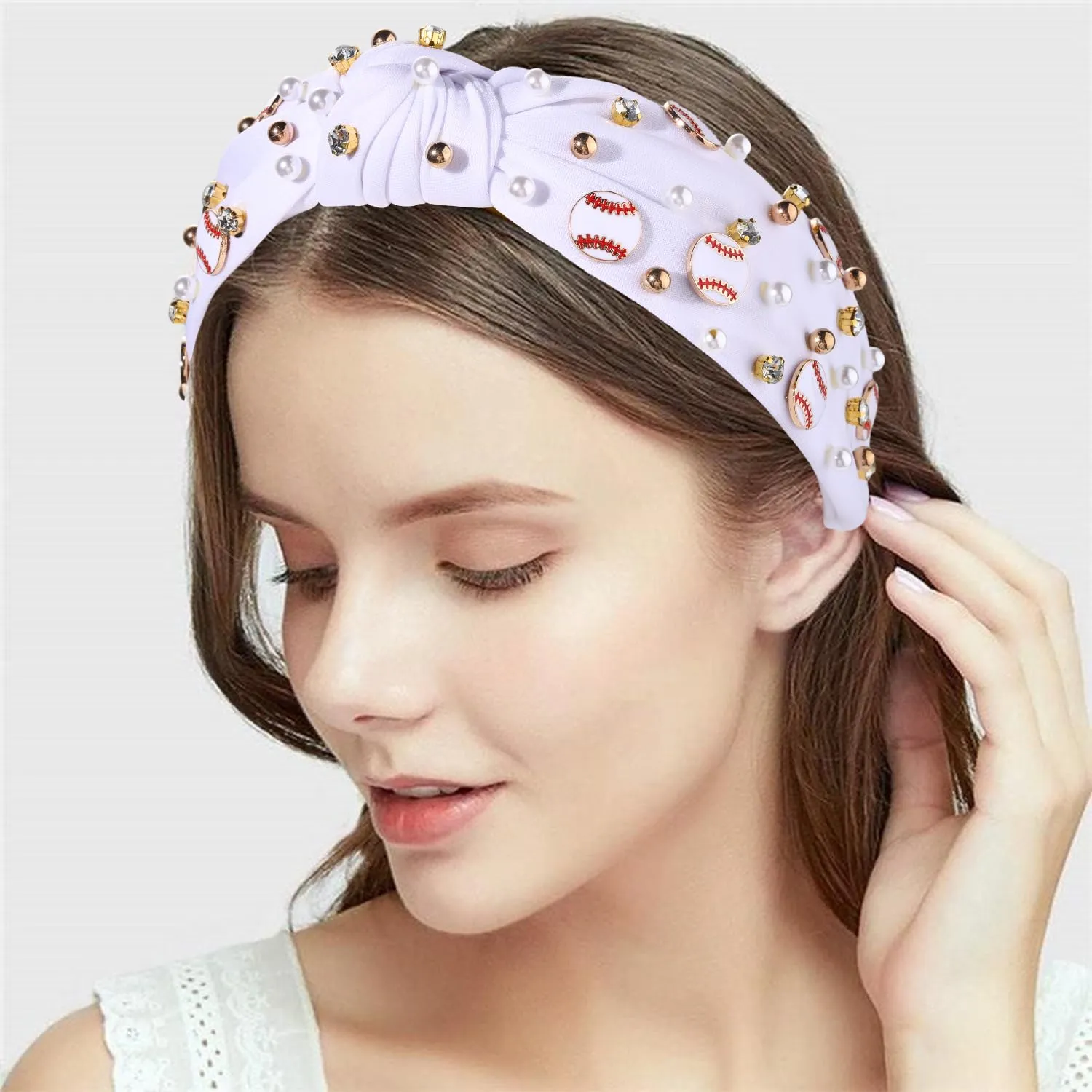 Baseball Headband for Women Baseball Accessories Beaded Crystal Pearl Knotted Headbands Baseball Charm Embellished Headband Wide Top Knot Sports Game Day Headband Gifts (A-White)
