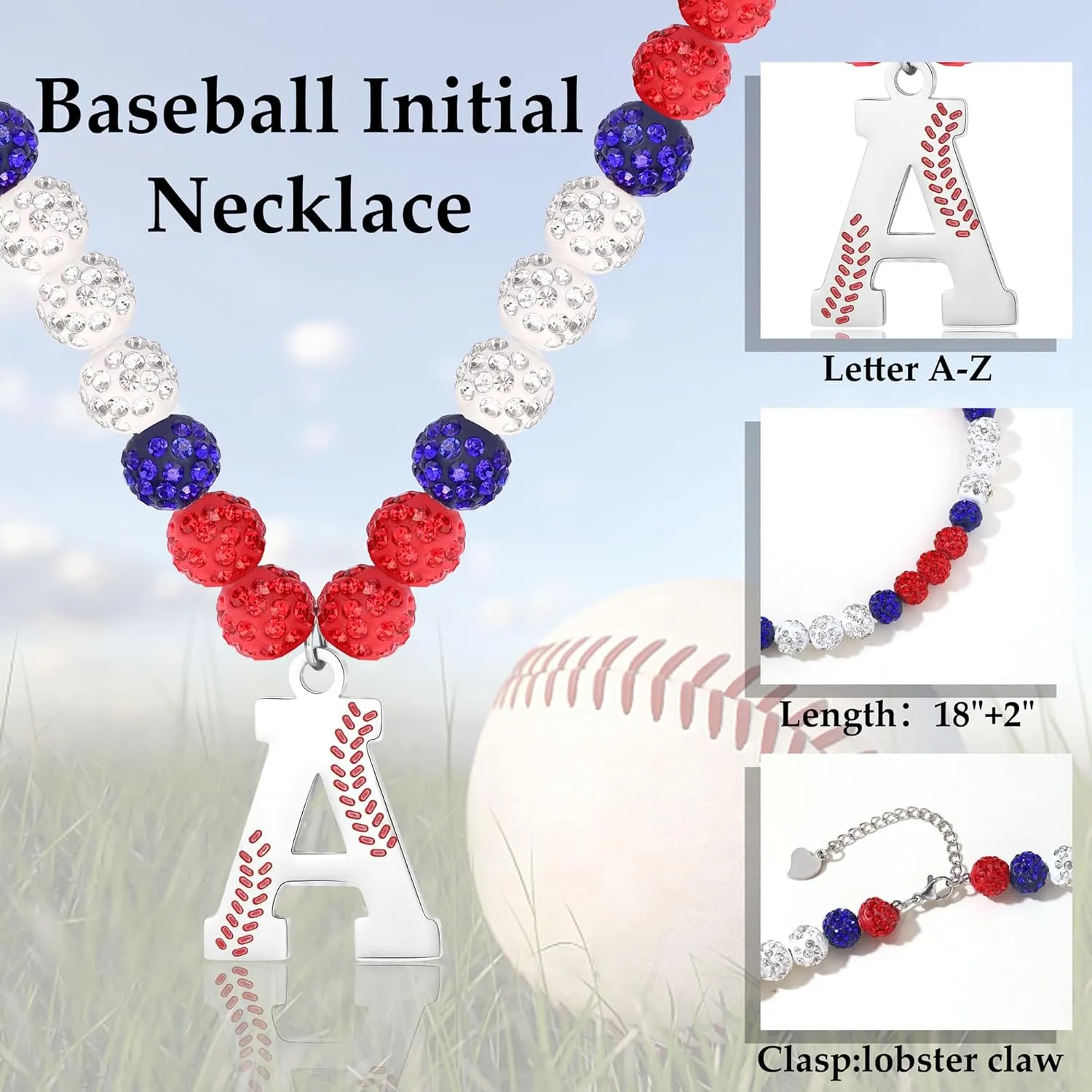 Baseball Necklaces Initial Necklace Baseball Coach Gifts Beaded Adjustable Letter A-Z Bling Baseball Necklace Rhinestone Baseball Accessories Stocking Stuffers for Teens Christmas Jewelry