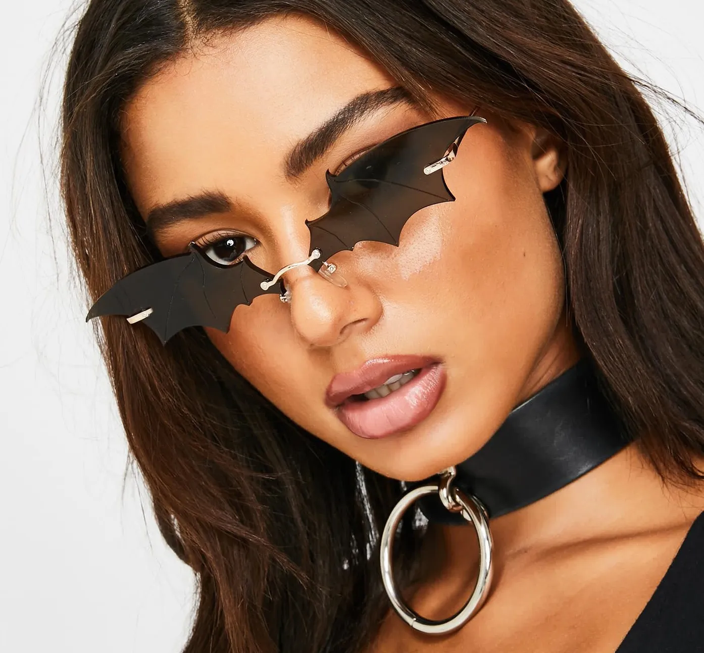 Batwing Steampunk Vintage Rimless Retro Cat Eye Sunglasses