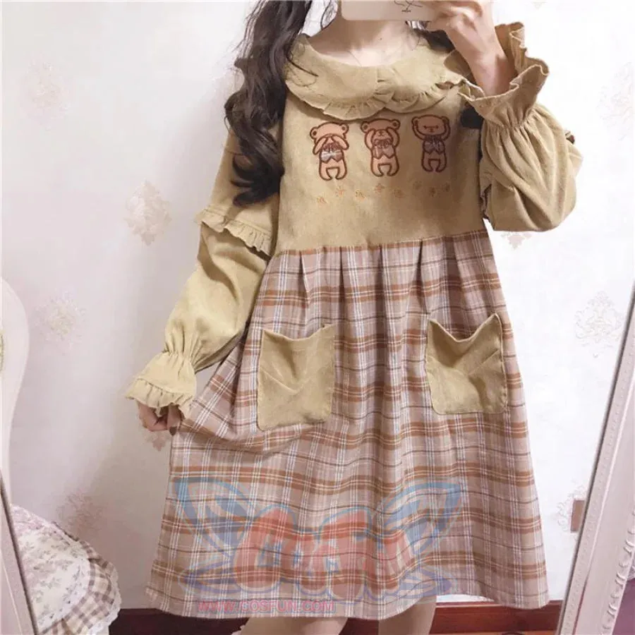 Bears Doll Collar Ruffle Plaid skirt Pocket Corduroy Dress J30010