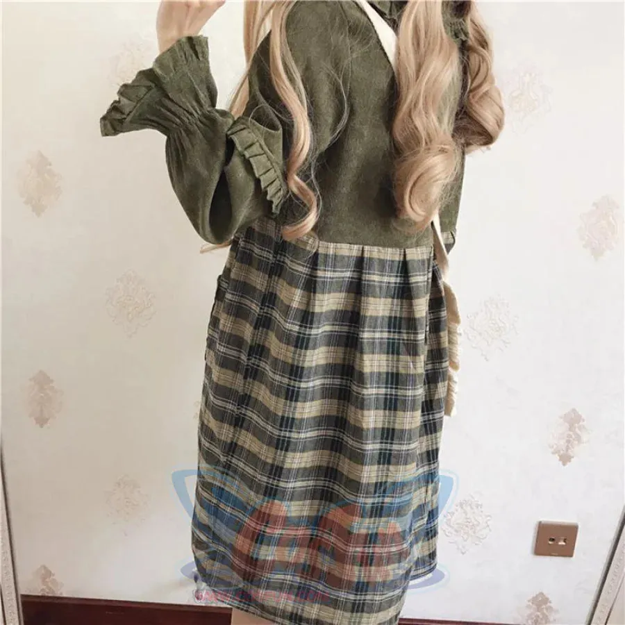 Bears Doll Collar Ruffle Plaid skirt Pocket Corduroy Dress J30010