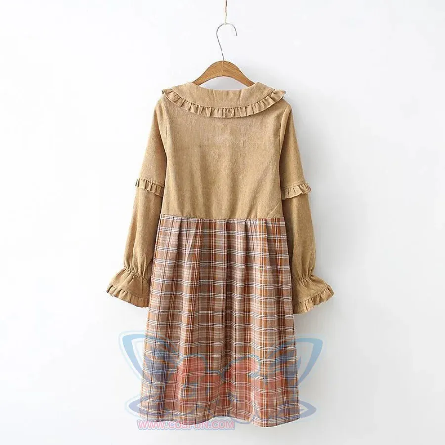 Bears Doll Collar Ruffle Plaid skirt Pocket Corduroy Dress J30010