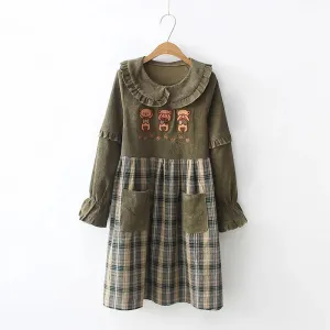 Bears Doll Collar Ruffle Plaid skirt Pocket Corduroy Dress J30010