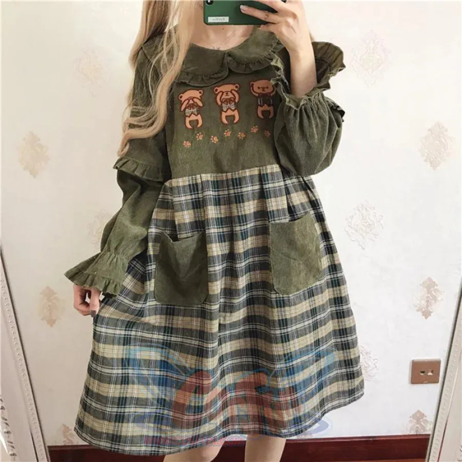 Bears Doll Collar Ruffle Plaid skirt Pocket Corduroy Dress J30010